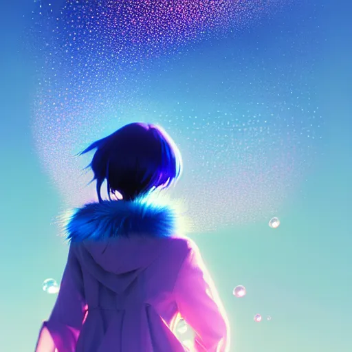 Prompt: blue sparks and bubbles flitting around a flying anime girl with long sky blue hair, low - angle shot from behind, blue coat, fur scarf, ultra fine detail, dark theme, realistic painting, photography, psychedelic, film still, cinematic, wlop, ilya kuvshinov, ismail inceoglu,