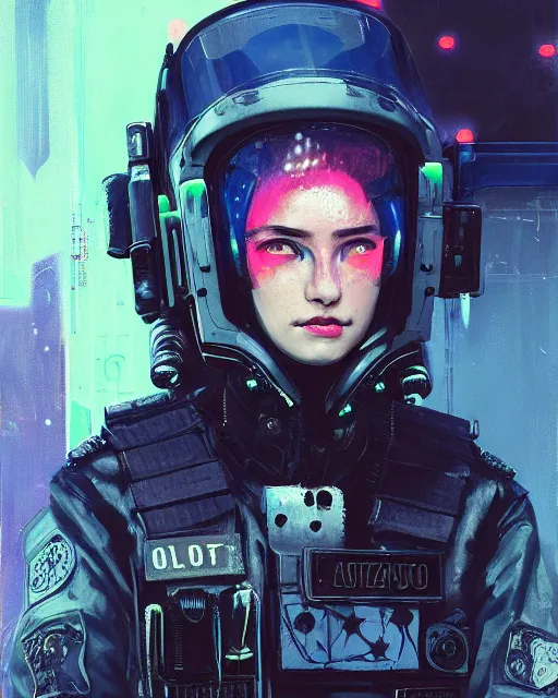 Image similar to detailed neon female swat officer sitting in a fighter jet, cyberpunk futuristic, neon, reflective puffy coat, decorated with traditional japanese by ismail inceoglu dragan bibin hans thoma greg rutkowski alexandros pyromallis nekro rene margitte, wide angle, illustrated, perfect face, fine details, realistic shaded, fine - face, pretty face