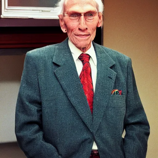 Image similar to A photograph portrait of old Jerma985 in his eighties who looks like Jerma985 wearing a blazer in the 1990s, Jerma985, looks like Jerma985, taken in the early 1990s, taken on a 1990s Camera, realistic, hyperrealistic, very realistic, highly detailed, very detailed, extremely detailed, detailed, digital art, trending on artstation, headshot and bodyshot