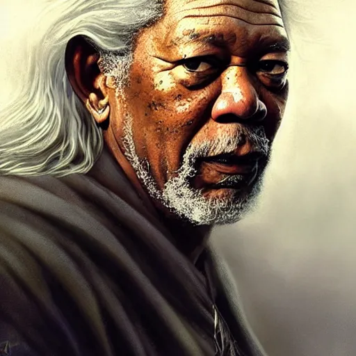 Image similar to morgan freeman starring as gandalf in lord of the rings, beautiful, serene colors, lake background, complimentary contrast, dramatic lighting, masterpiece, high contrast, painted by stanley lau, painted by greg rutkowski, painted by stanley artgerm, digital art, trending on artstation