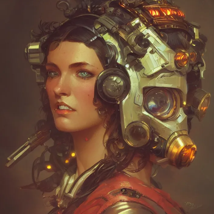 Image similar to a head and shoulders portrait of a space pirate, neon, retro, steampunk, smooth, sharp focus, intricate, artstation, detailed concept art by Greg Rutkowski and Alphonse Mucha and Norman Rockwell