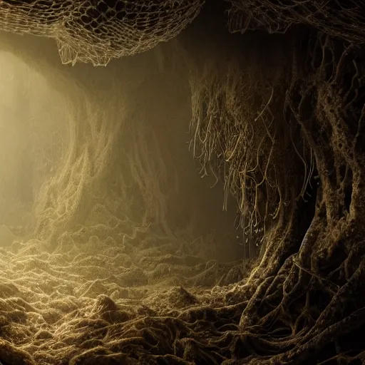 Image similar to biocomputer human organ inside a bio - neural network made like antique lace in a biomechanical cave forest, biocomputer epic environment, matte painting, diffused lighting, highly detailed cinematic, epic atmosphere, diffused lighting, highly detailed digital art, trending on artstation, depth of field, wide angle