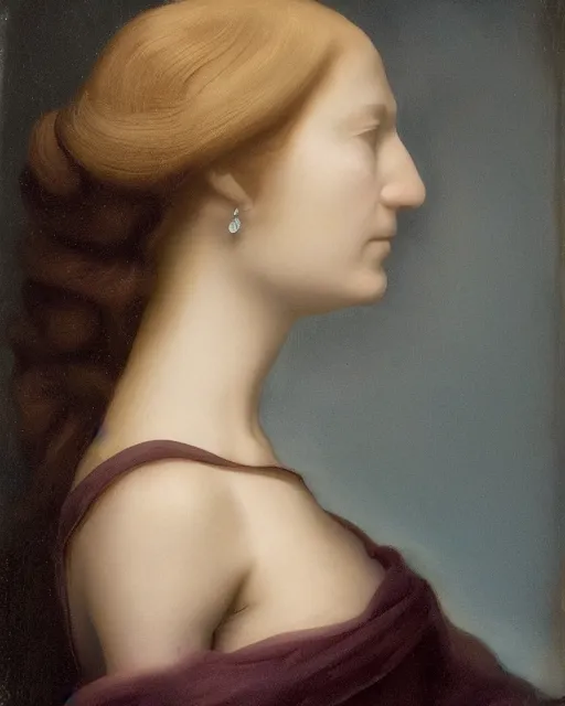 Prompt: a woman's face in profile, long hair made of agate in the style of the Dutch masters and Gregory Crewdson, dark and moody