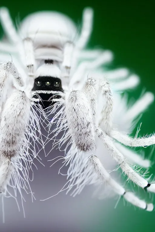 Image similar to high quality macro photo fluffy white spiders! gorgeous highly detailed hannah yata elson peter cinematic dark green lighting high quality low angle hd 8k sharp shallow depth of field