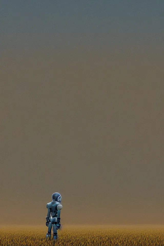 Image similar to concept art of the back view of a robotic kid on the ground, vast wheat fields, many distant tall buildings far away, by christopher balaskas, godrays, atmospheric, cinematic, distant world, wide angle, detailed