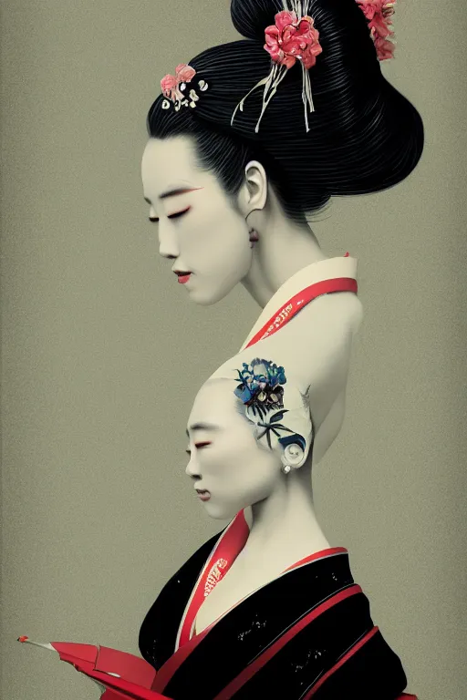 Image similar to A masterpiece portrait of a Incredibly geisha, medium shot, intricate, elegant, highly detailed, trending on artstation, digital art by Ash Thorp