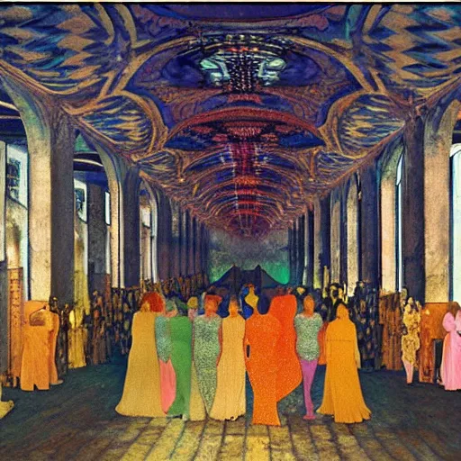 Image similar to a procession of women in a giant abandoned temple, hyperrealistic film still by gottfried helnwein, by klimt, by paolo uccello, art nouveau, highly detailed, lights by edward hopper, liminal, eerie, metaphysical, bright pastel colors,