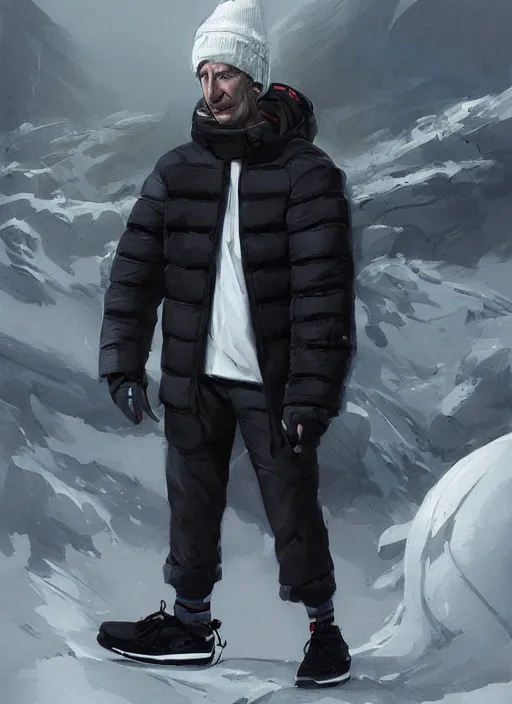 Image similar to bob odenkirk wearing a black supreme puffer jacket, a beanie and white nike shoes, elegant, digital painting, concept art, smooth, sharp focus, illustration, from starcraft by ruan jia and mandy jurgens and artgerm and william - adolphe bouguerea