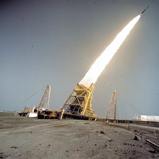 Image similar to a gigantic birthday candle on the launch pad for the Apollo 11 mission