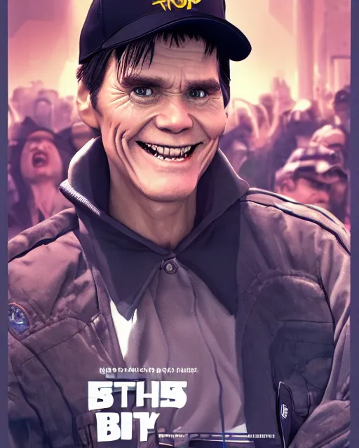 Prompt: bus magazine cover portrait photo : : of young evil smile jim carrey cyborg wearing a baseball cap on a crowded packed bus : : weta, disney, pixar, rutkowski, beeple, feng zhu, artstation, octane render : : - n 4