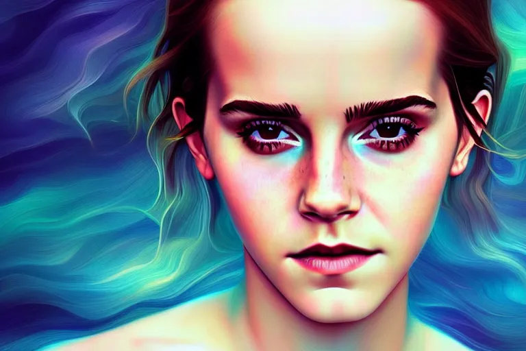 Image similar to surreal Portrait of Emma Watson in dmt chromatic surreal liquid enviroment , elegant, highly detailed, smooth, photoreal, sharp focus, illustration, beautiful, geometric, dmt trending on artstation, cinematic, artwork by WLOP