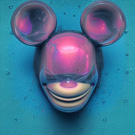 Image similar to mickey mouse head, fractal, broken, flower power, wet, mycelium, radiant alien, rococo, baroque, automotive, bio-mechanical, porcelain, iridescent sub surface scattering, octane render