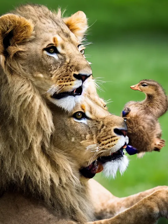 Prompt: 4K HD, high detail photograph, shot with Sigma f/ 4.2 , 250 mm sharp lens, shallow depth of field : (subject= baby lion eating a duck + subject detail= accurate body features, consistent, high detailed light refraction , high level texture render)