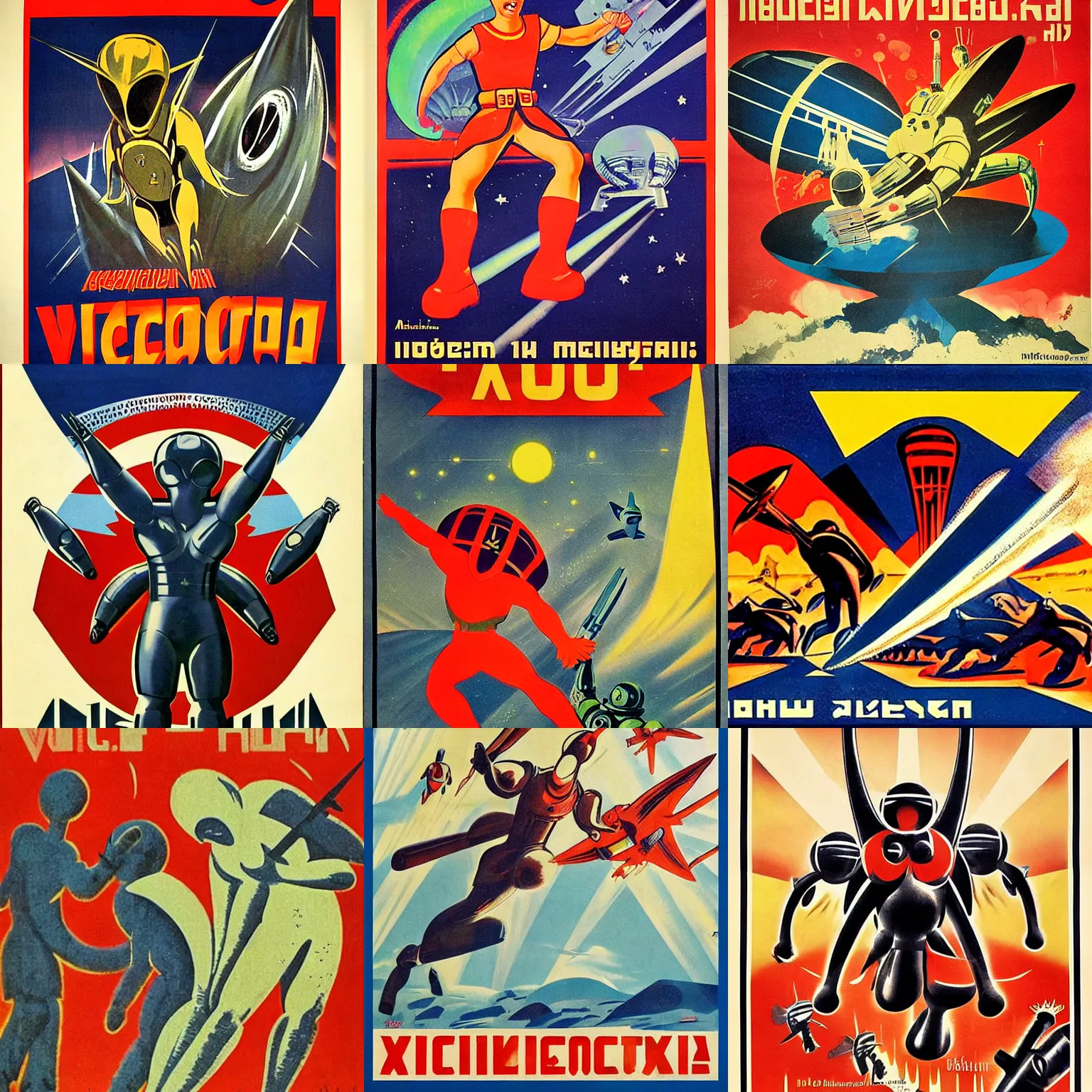 Prompt: 1 9 3 6 soviet propaganda poster depicting the victory against the aliens, by mikhail baljasnij