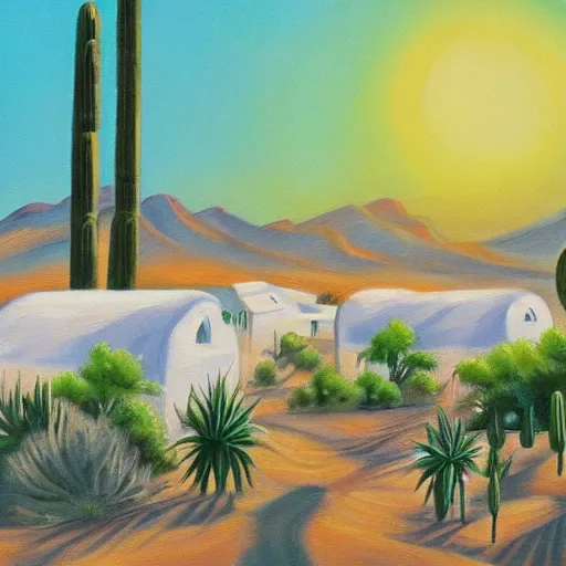 Image similar to a beautiful painting of a village in the desert, white houses, two suns, star wars style