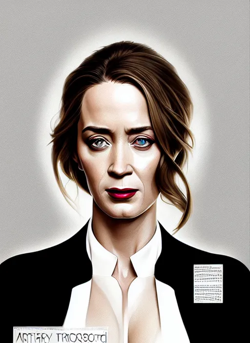 Image similar to portrait of emily blunt as business woman, black suit, white shirt, black tie, boss, intricate, headshot, highly detailed, digital painting, artstation, concept art, sharp focus, cinematic lighting, illustration, art by artgerm and greg rutkowski, alphonse mucha, cgsociety