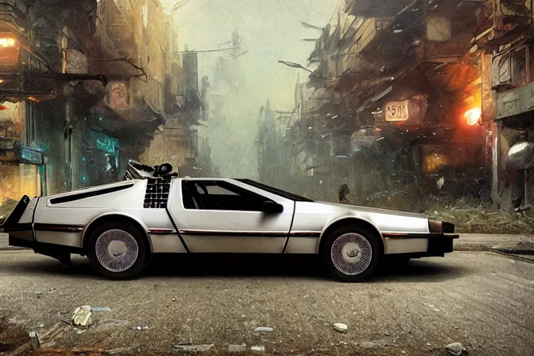 Image similar to photograph of the delorean, with a sleek spoiler, driving down the streets of a cyberpunk abandoned city, by greg rutkowski, by stanley artgerm, by alphonse mucha