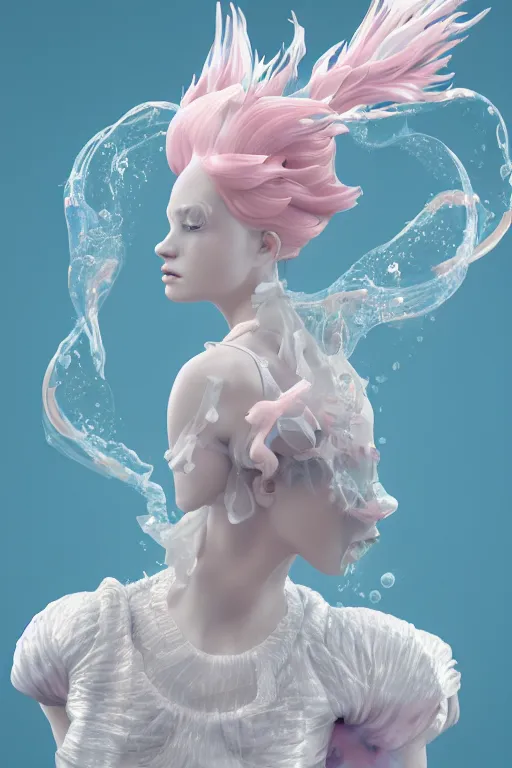 Image similar to an epic puerto rican non - binary model, subject made of white melting porcelain, mesh headdress, flowing dress, with cerulean and pastel pink bubbles bursting out, delicate, beautiful, intricate, melting into vulpix, houdini sidefx, by jeremy mann and ilya kuvshinov, jamie hewlett and ayami kojima, bold 3 d