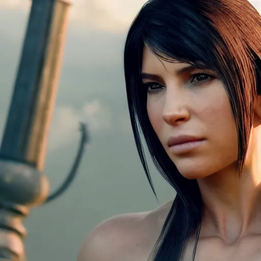 Image similar to kim kardshian playing tifa lockhart in the final fantasy movie trailer, cinematic still, 8 k hdr film