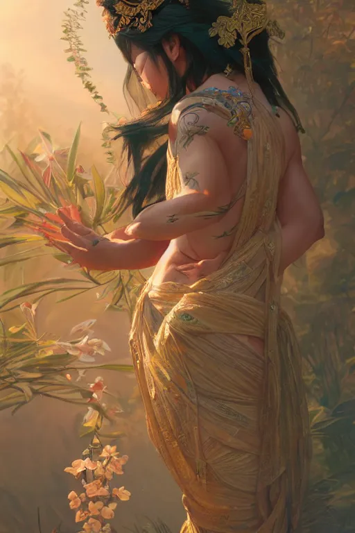 Image similar to asian goddess of nature, accurate anatomy, only two hands, highly detailed, digital painting, artstation, concept art, smooth, sharp focus, illustration, Unreal Engine 5, 8K, art by Ross Tran and greg rutkowski and alphonse Mucha