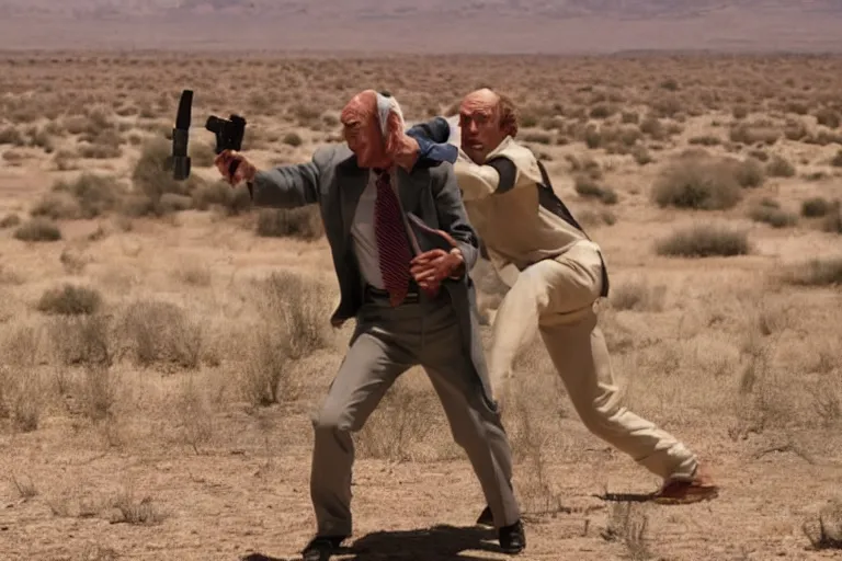 Image similar to extremely muscular Hector Salamanca shooting Saul Goodman, movie still, photorealistic, clean composition, real shot