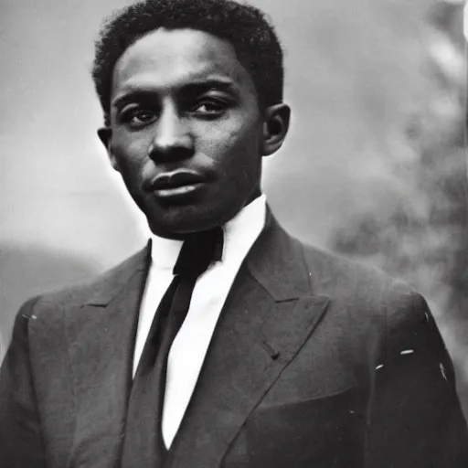 Image similar to vintage photo of a black man wearing a black suit in front of rio de janeiro