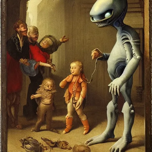 Image similar to alien kid see a human kid for the first time, maury, fink, aiken. by adriaen van ostade.