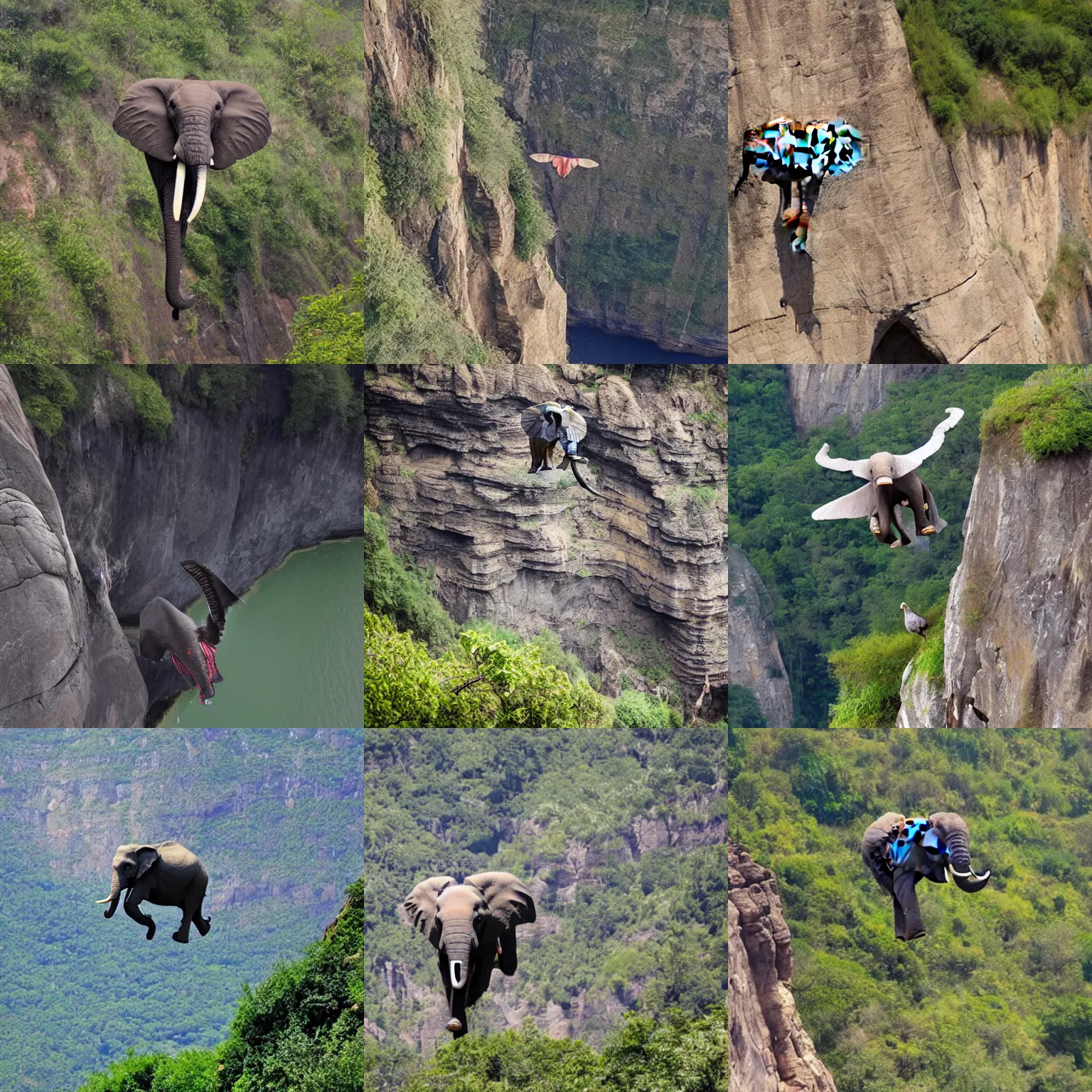 Prompt: flying elephant flight near a cliff
