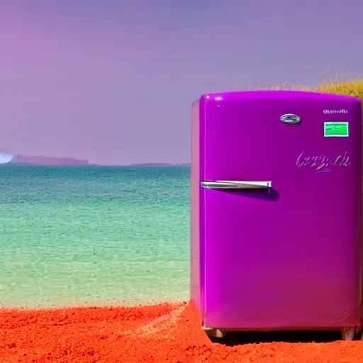 Prompt: purple refrigerator, red sand beach, green ocean, nebula sunset