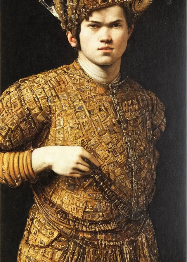 Prompt: a portrait of a Magnus Carlsen , with a black and white checkered armor and a crown, oil painting in a renaissance style , very detailed, painted by Artemia Gentileschi , Caravaggio, Titian, Rembrandt.