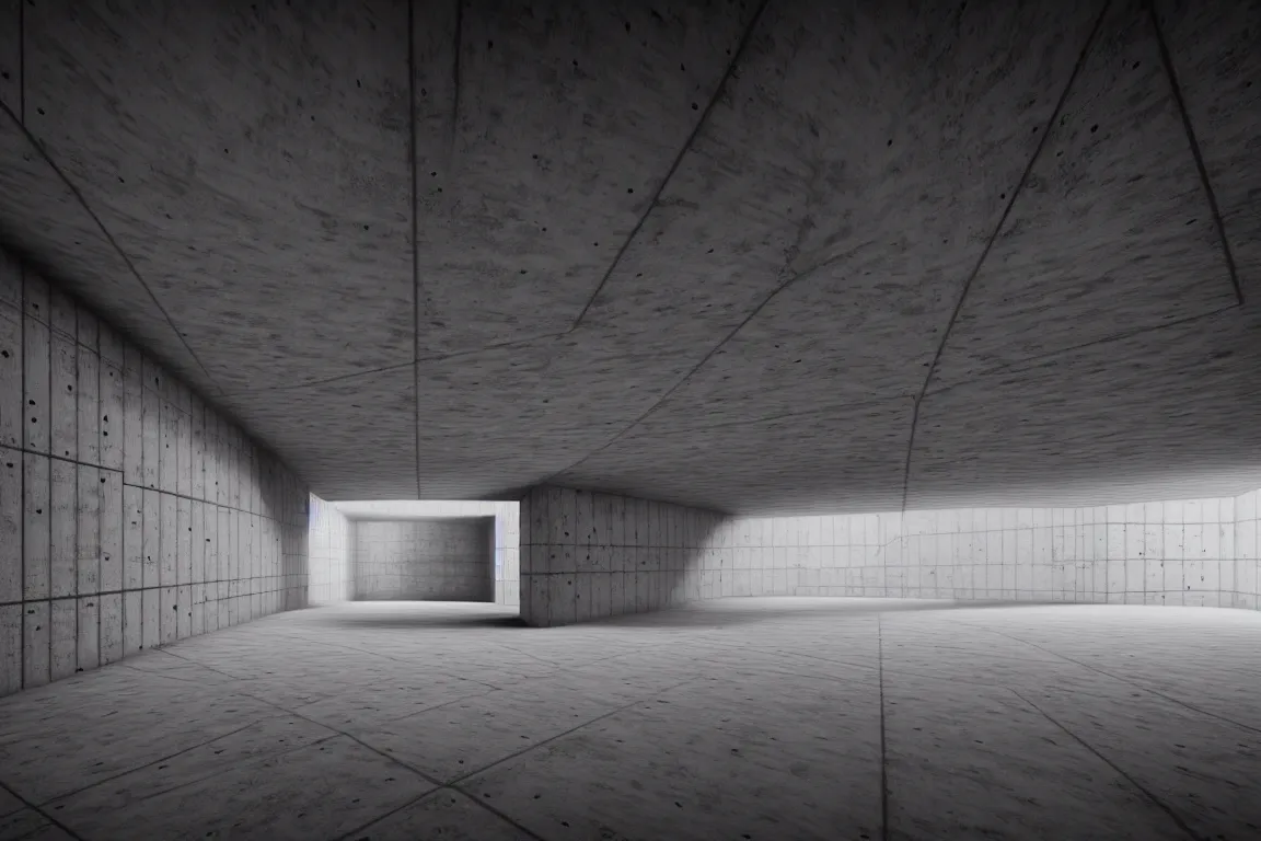 Prompt: Concrete huge square dark-gray multi-layered underground structure with multiple floors and a cleft in the center. Inside view, straight lines, corners, high detailed, details, ultra realistic, photorealism, 8k, doorways, symmetrical, brutalism, ray of light, architecture, volumetric lighting, cinematic, shadows