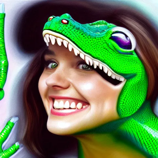 Image similar to zoey deschanel as a smiling laughing bright green lizard person, airbrush painting, hyper detailed, 8 k, photorealism, rule of thirds,.