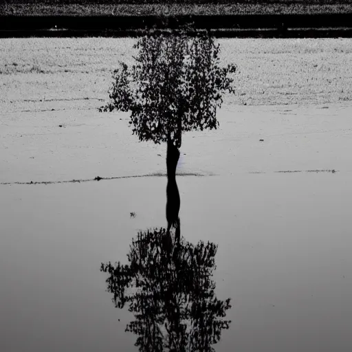 Prompt: A reflective puddle in an orchard, in the style of tomas sanchez