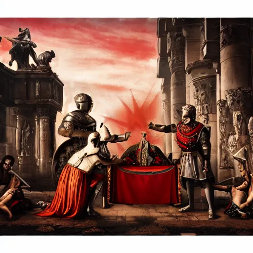 Prompt: julius caesar, wearing medieval knight armours, and queen victoria, wearing an ottoman crown, arm wrestling on the depths of hell, with satan watching over them riding a vulture. cyberpunk style architectures in the background, dawn, cloudy red sky. photograph, hyper realistic,