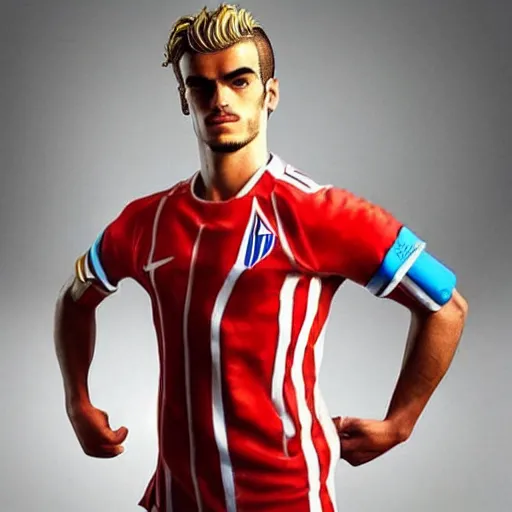 Image similar to a realistic detailed photo of a guy who is an attractive humanoid who is half robot and half humanoid, who is a male android, soccer player antoine griezmann, shiny skin, posing like a statue, blank stare, in a living room, on display, showing off his muscles