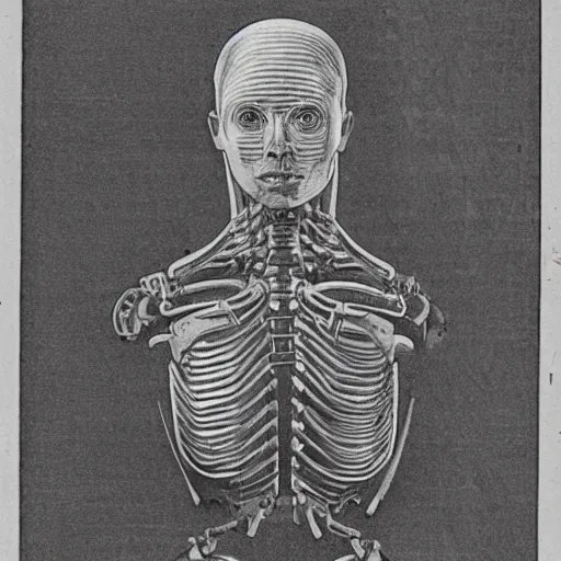 Prompt: drawing in a science book from 1900 of a cyborg, symmetrical