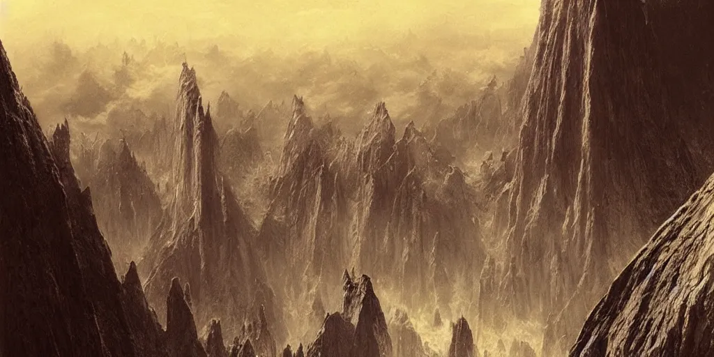 Image similar to “matte painting, helms deep, view from above, Bruce Pennington”