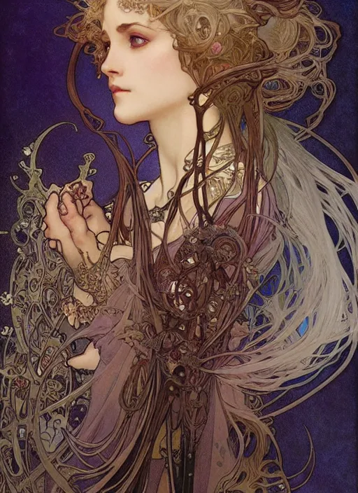 Prompt: detailed portrait of magical witch by alphonse mucha, ayami kojima, yoshitaka amano, charlie bowater, karol bak, greg hildebrandt, jean delville, and mark brooks, art nouveau, pre - raphaelite, neo - gothic, gothic, art nouveau, intricate fine details, exquisite, rich deep moody colors, beautiful detailed background