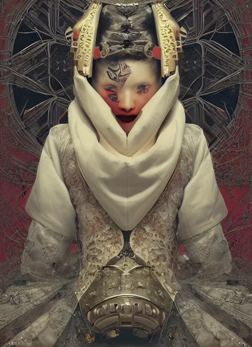 Image similar to portrait of a seductive cyberpunk geisha cyborg with headpiece, imari, sacred geometry, fractal, in the style of ghosts in the shell, intricate ornaments, elegant, highly detailed, digital photography, subsurface scattering, by jheronimus bosch and greg rutkowski,