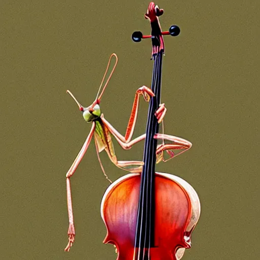 Prompt: a happy praying mantis playing cello