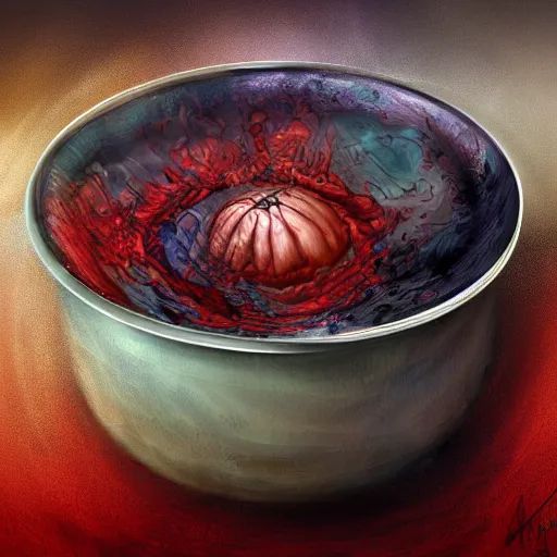 Prompt: a bowl of boiling imagination, super freaky, ultra detailed, digital painting