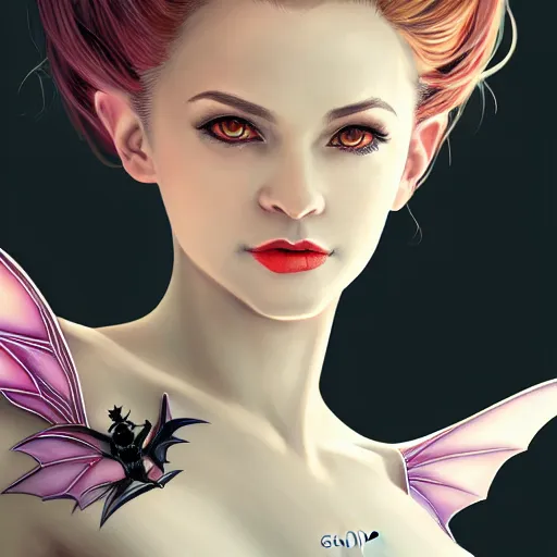 Prompt: 3 / 4 view of a portrait of woman with bat wings, confident pose, pixie, genshin impact, magic, lights, intricate, elegant, sharp focus, illustration, highly detailed, concept art, matte, trending on artstation, comics h 6 4 0