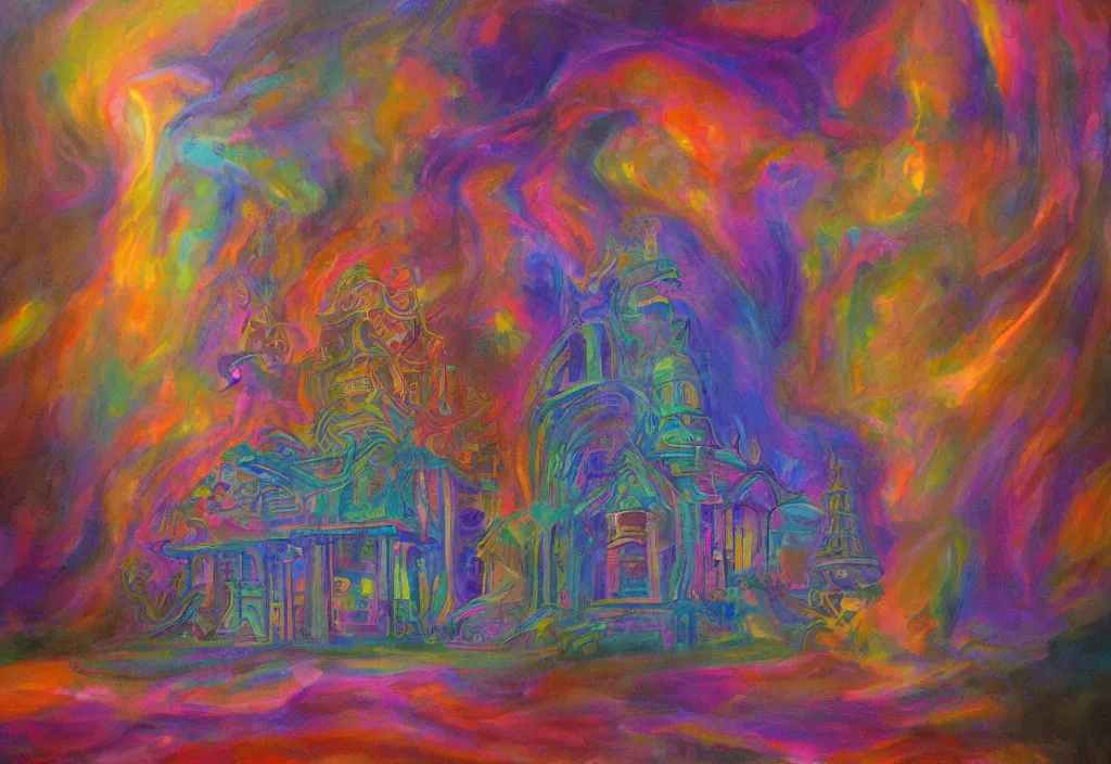 Prompt: iridescent temple of sleep advanced architecture dreamer mythos phantasms, award winning oil painting, polychromatic spectrum