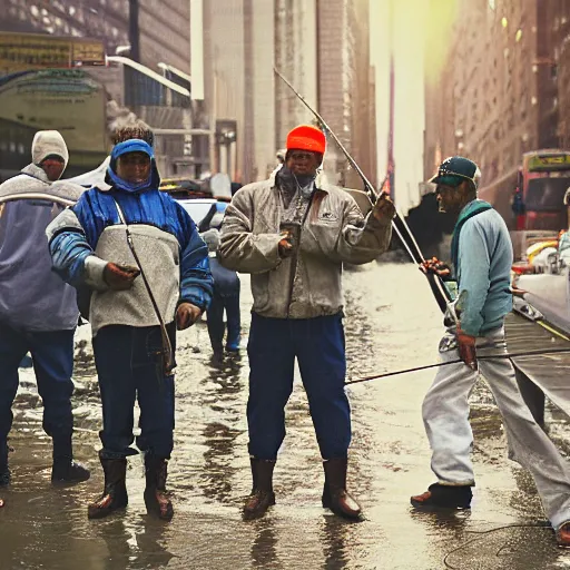 Image similar to closeup portrait of a group of fishermen trying to fish with fishing rods in between car traffic in rainy new york street, by David Lazar, natural light, detailed face, CANON Eos C300, ƒ1.8, 35mm, 8K, medium-format print