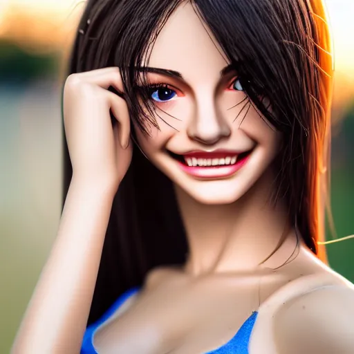 Image similar to beautiful portrait of a cute thin young woman, hyperrealistic full figure, athletic body, six pack, abs, concentrated look, cute smile, highly detailed, detailed face and eyes, long black hair, flushed face, blue eyes, golden hour, volumetric lighting, 8 k, portrait, 3 0 mm f 1. 8,