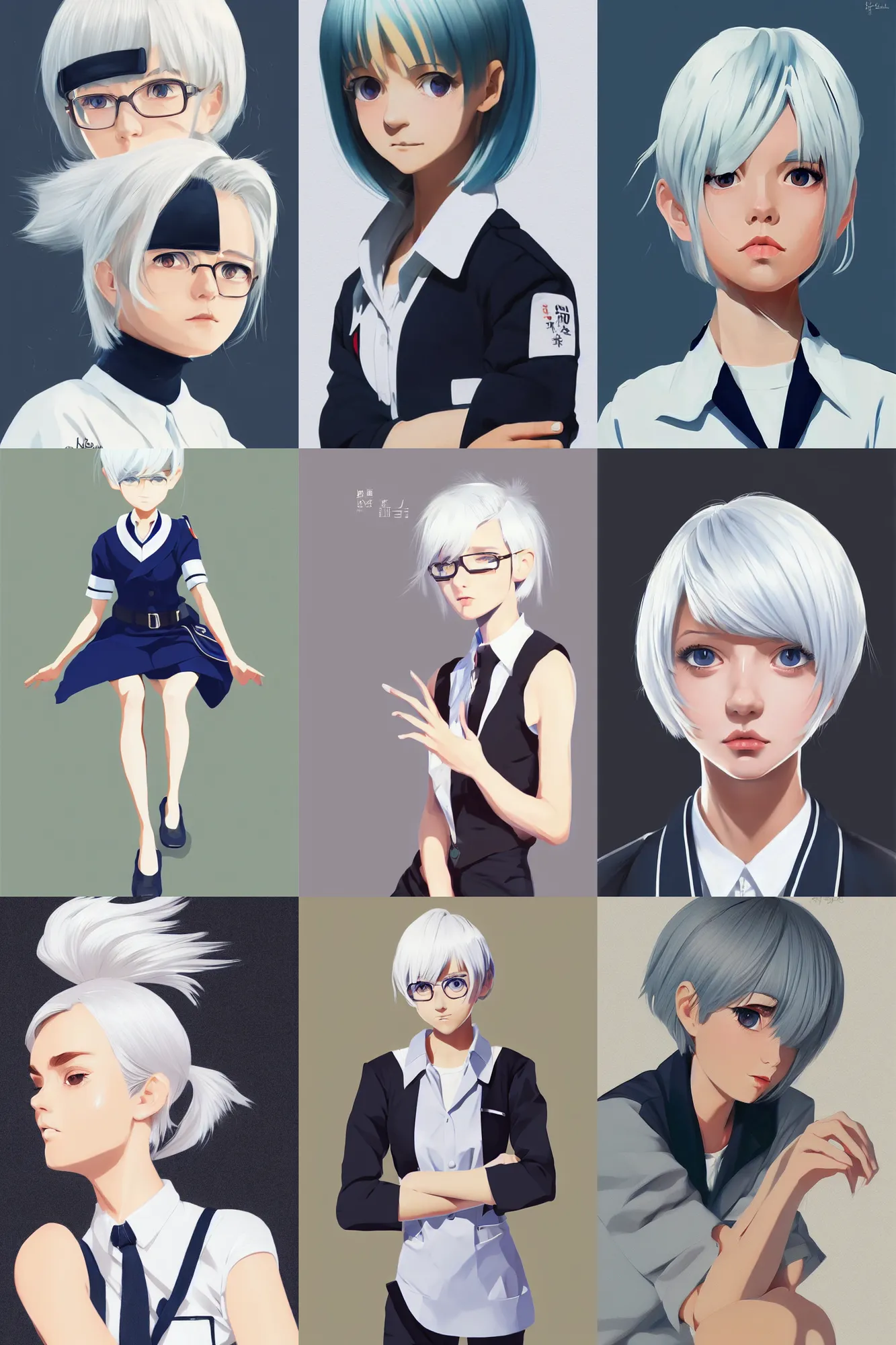 Image similar to a cute girl with cut to shoulder white hair wearing school uniform, sharp focus, illustration, morandi color scheme, art station, by ilya kuvshinov