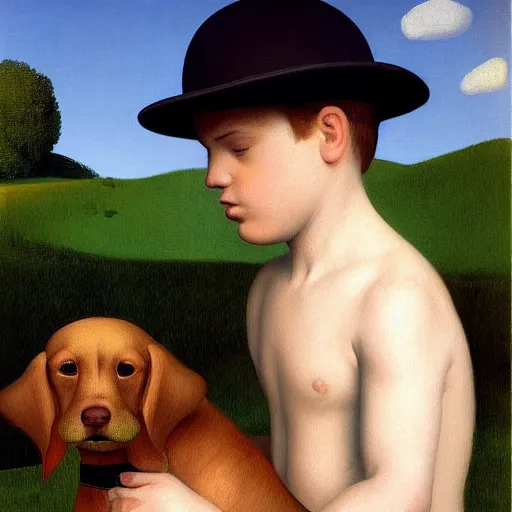 Image similar to a boy and his dog by Raphael, Hopper, and Rene Magritte. detailed, romantic, enchanting, trending on artstation.