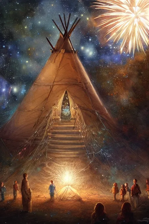 Image similar to a mother a father and 8 children sitting in front of a tipi with galaxies overhead, fireworks, by wlop, by luis royo, by peter mohrbacher, concept art, digital illustration, intricate, masterpiece, elegant, super detailed, unreal engine rendering, smooth, sharp focus, artstation hq