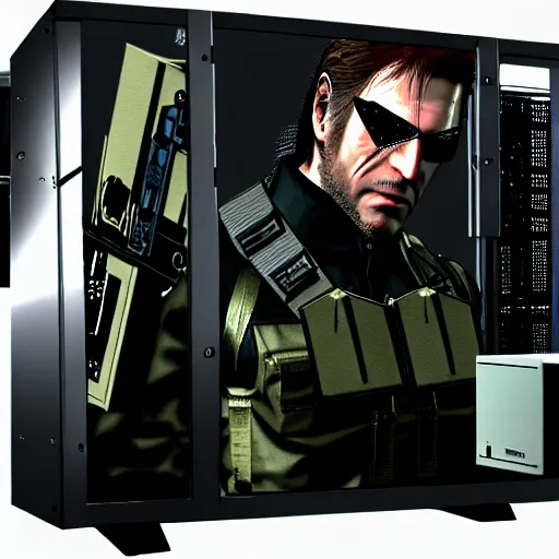 Image similar to drebin893 metal gear solid trying to build a desktop computer with scientific equipment close up