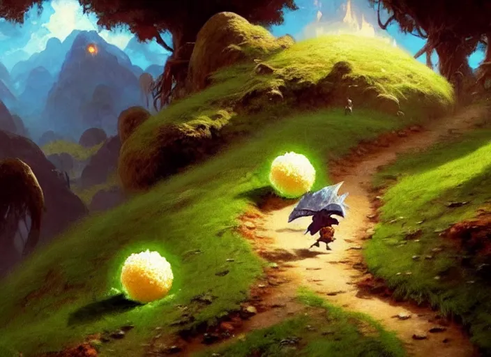 Image similar to magic : the gathering fantasy concept art of cute riceballs bouncing down a mountain path, by franz frazetta, high resolution, rice granules scattered all around, balls of rice, bouncing, fantasy coloring, intricate, digital painting, artstation, smooth, sharp focus